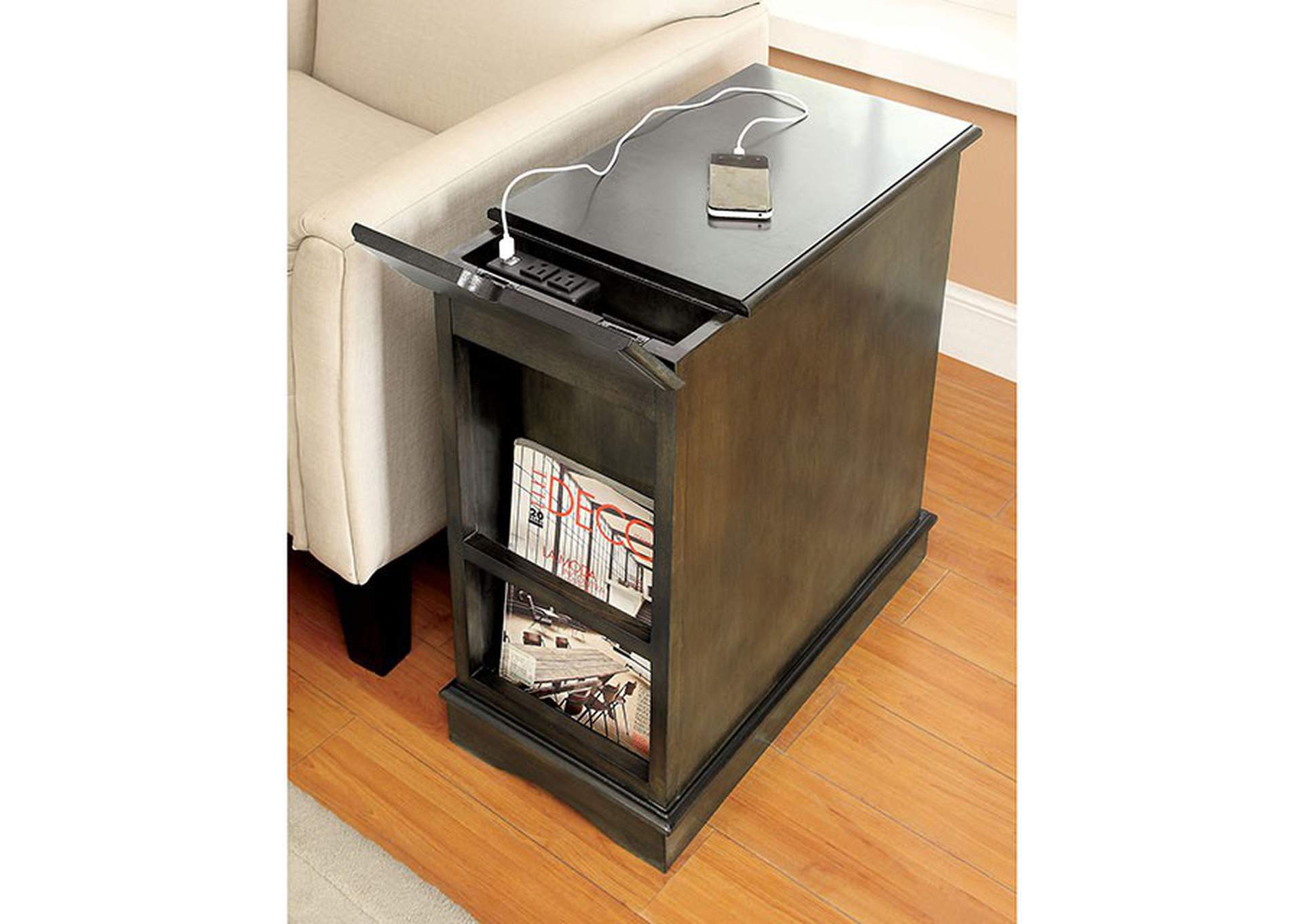 Gray Solid Wood Nightstand with USB Outlet - Bedroom Storage Table