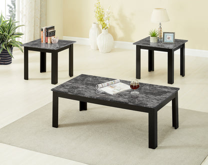 3pc Set Traditional Style Rectangular Coffee Table Square Shape End Table Wooden Legs Black Finish Faux Marble Top Wooden Furniture Gray Finish
