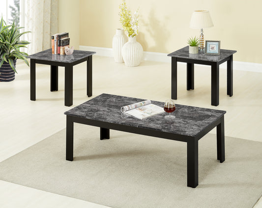 3pc Set Traditional Style Rectangular Coffee Table Square Shape End Table Wooden Legs Black Finish Faux Marble Top Wooden Furniture Gray Finish