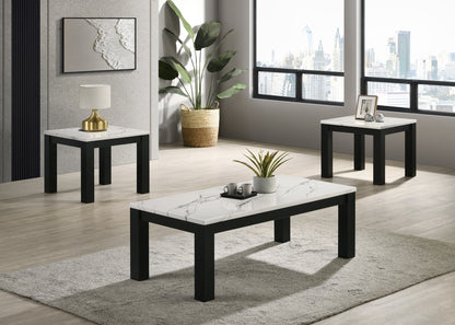 White Black 3-Piece Living Room Table Set Faux Marble Table Top Cocktail Table and Two Matching End Tables Wooden Furniture