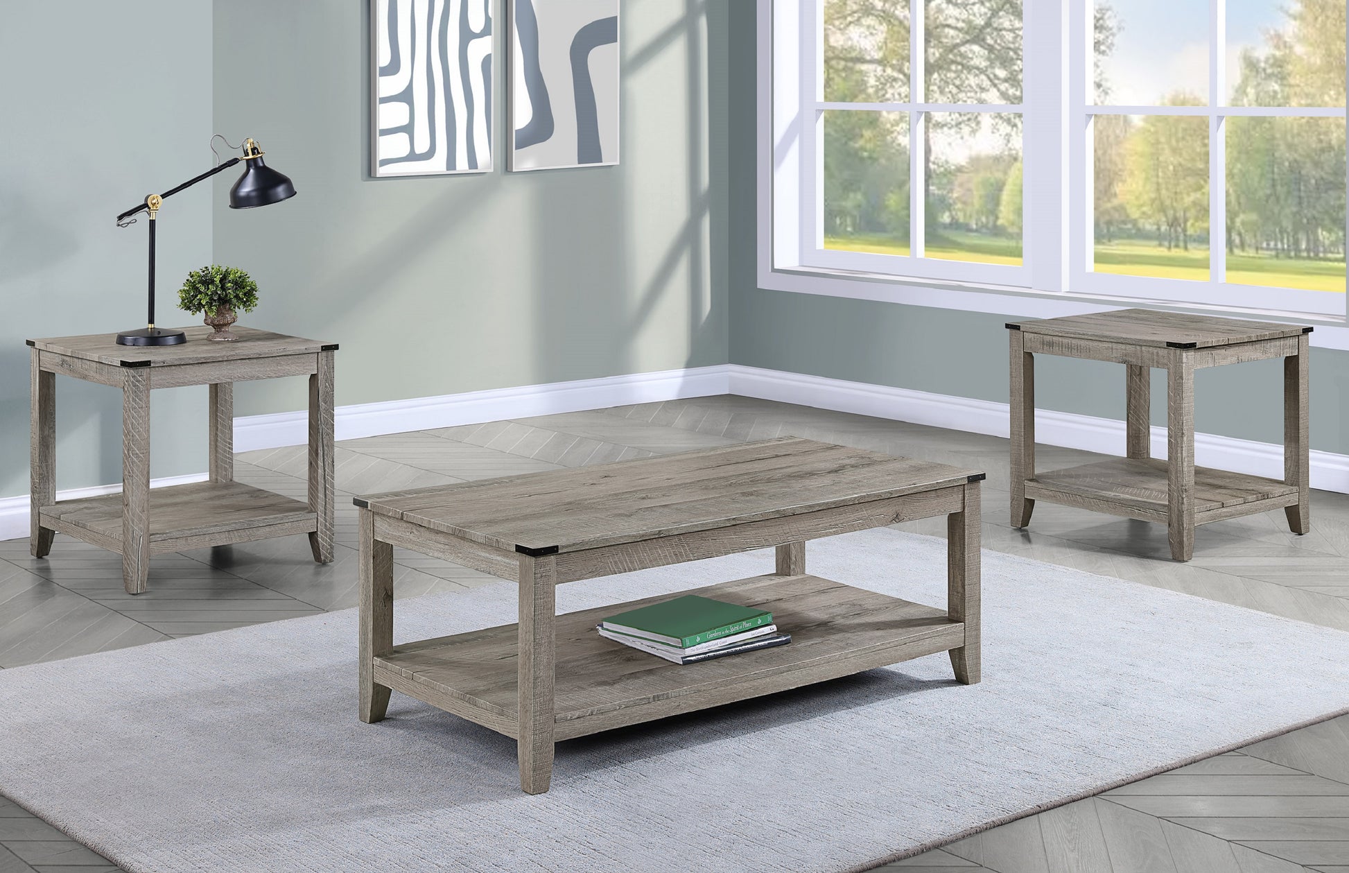 Rustic Gray Brown 3-Piece Cocktail Set Table Top Rectangular Coffee Table and Two Matching Square End Tables Living Room Wooden Furniture Retro