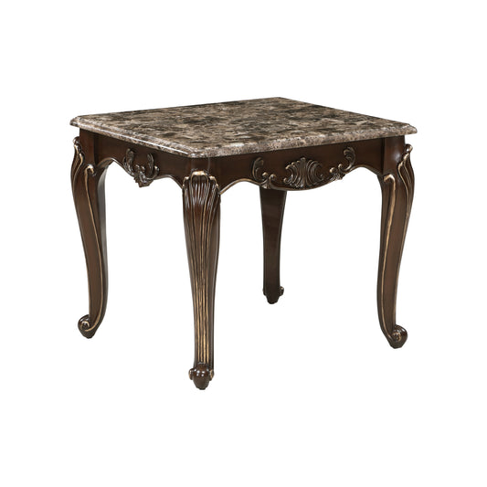 Formal Traditional Luxury 1pc Marble Top End Table Cherry Finish with Gold Tipping Living Room Furniture