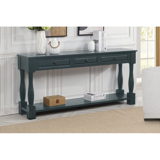 63" Long Console Table with Drawers and Shelf for Entryway, Hallway, Living Room, Acacia Wood Table, Navy