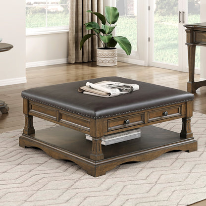Traditional Brown Finish Cocktail Table with 4 Storage Drawers Shelf Durable Wood Living Room Furniture 1pc Functional Ottoman Upholstered