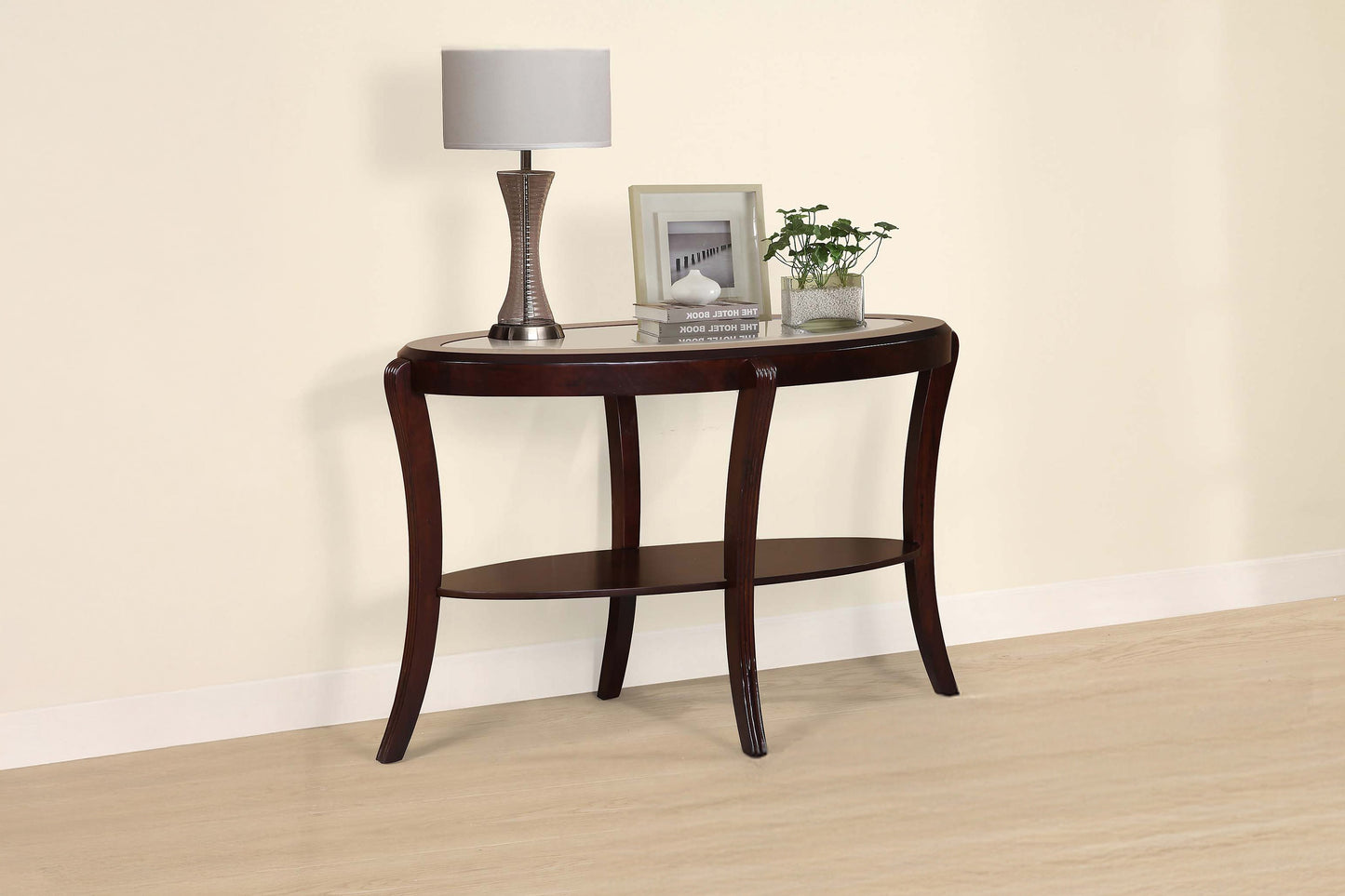 Console Table Espresso / Dark Cherry Traditional 1pc Sofa Table w 5mm Tempered Glass Under-Table Shelf Storage Living Room