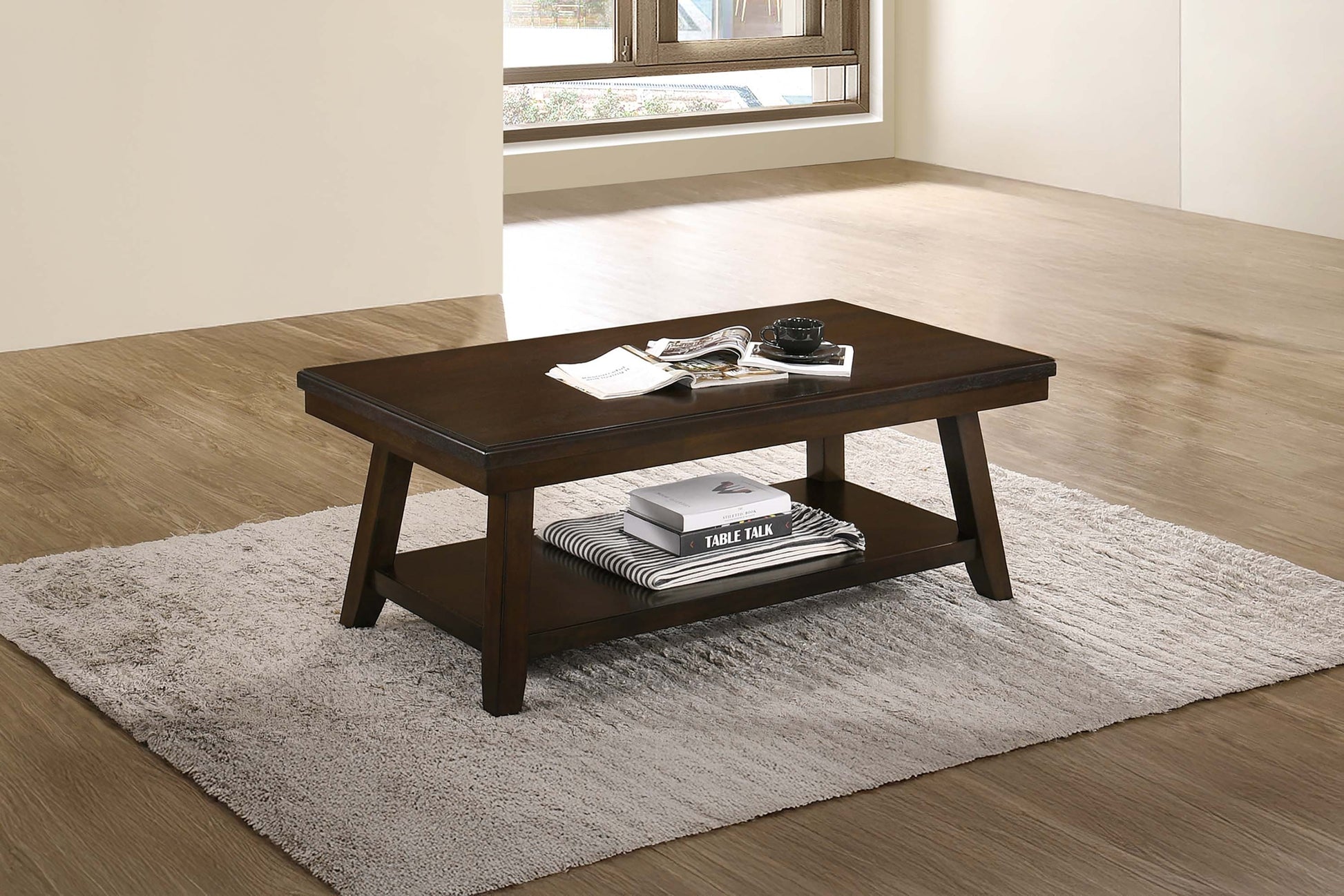 New Bold Simple Walnut Finish 1pc Coffee Table Under-Table Shelf Storage Living Room Rubberwood Veneer