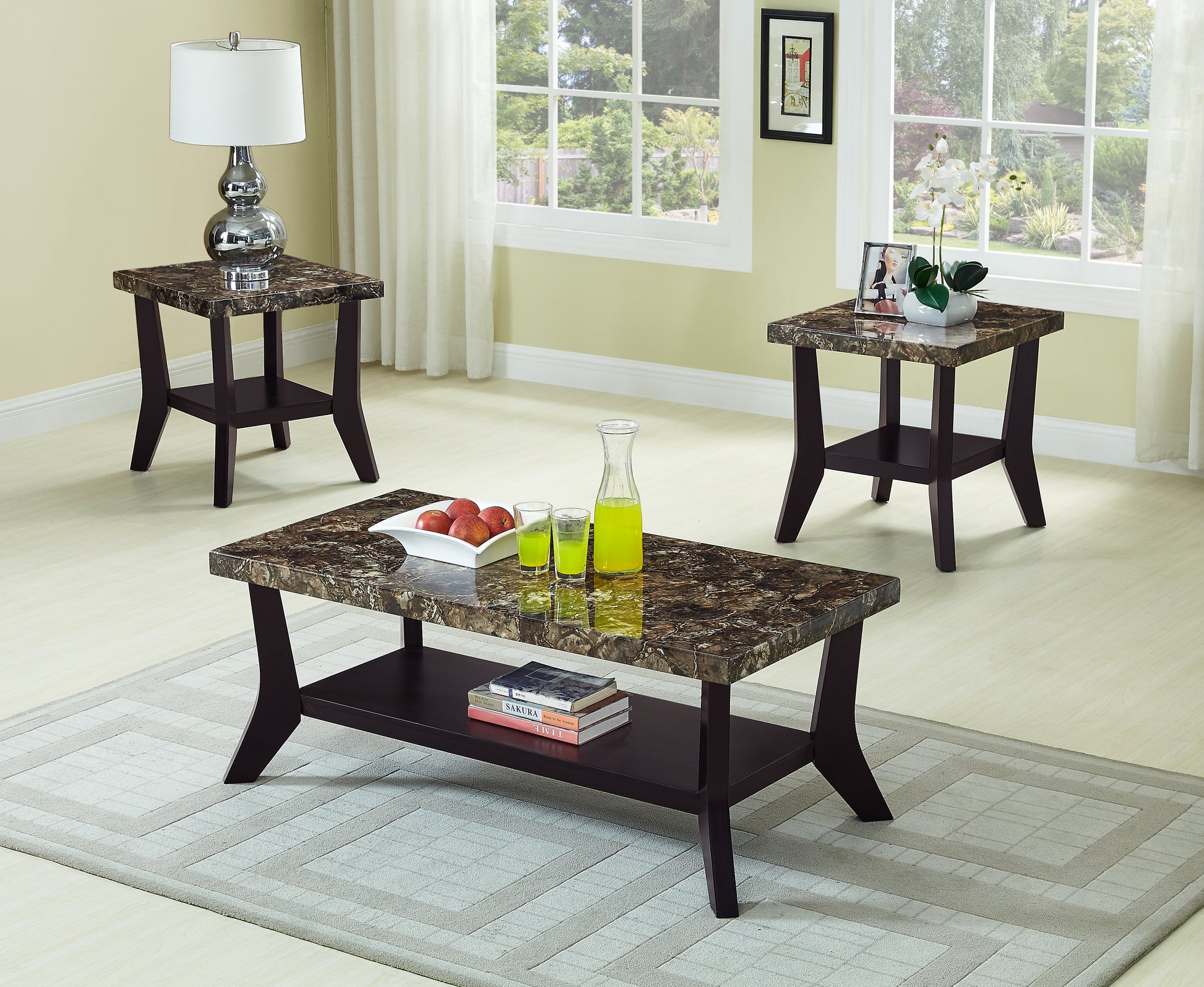 Faux Marble Tops 3-piece Table Set Rectangular Coffee Table Two Matching End Tables MDF Wooden Base Built-In Storage Shelves Contemporary Home Brown