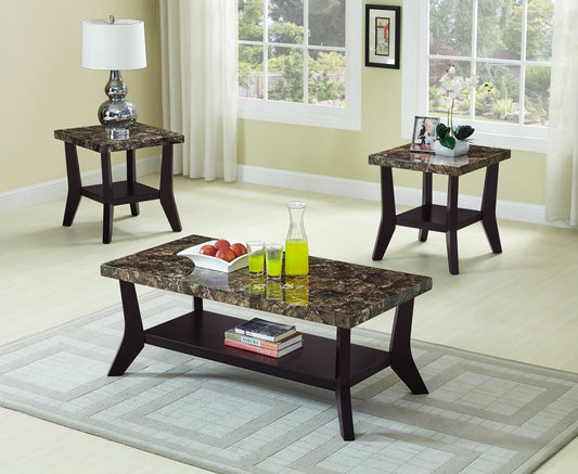 Faux Marble Tops 3-piece Table Set Rectangular Coffee Table Two Matching End Tables MDF Wooden Base Built-In Storage Shelves Contemporary Home Brown