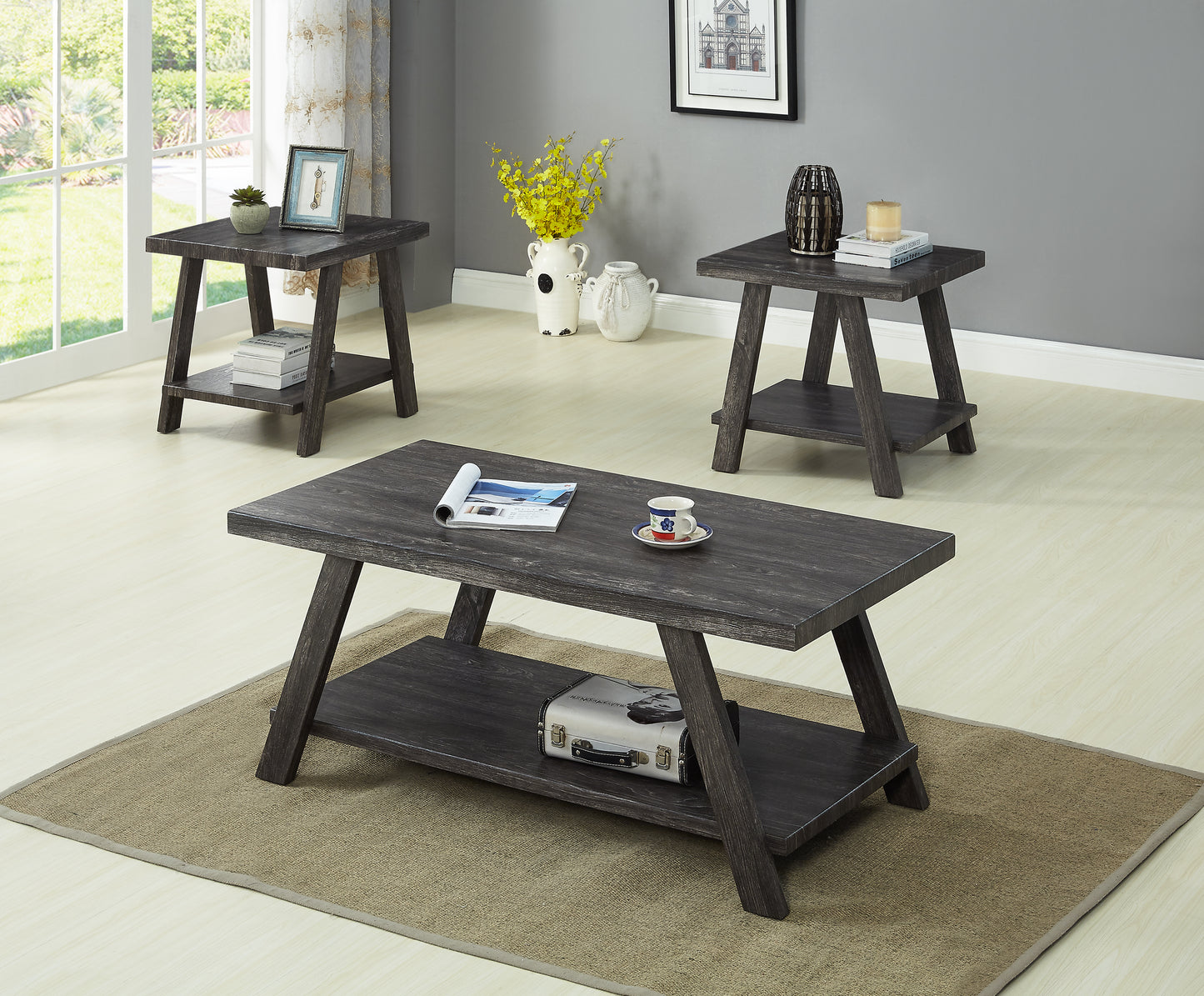 3PC Gray Coffee Table Set Coffee Table and 2 End Tables Wood Grain Finish Built-In Storage Shelf Contemporary Living Room Home