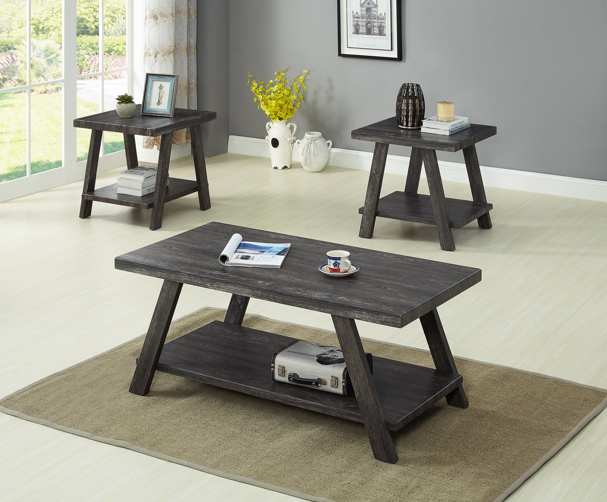 3PC Gray Coffee Table Set Coffee Table and 2 End Tables Wood Grain Finish Built-In Storage Shelf Contemporary Living Room Home