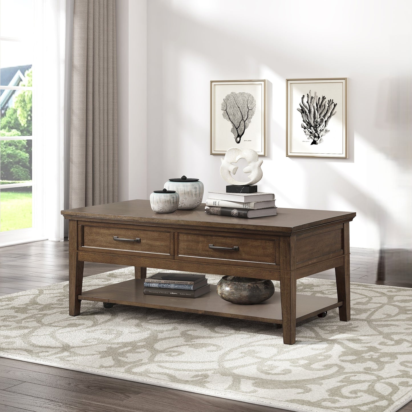 1pc Transitional Walnut Finish Cocktail Table with 2 Drawers Shelf Wooden Living Room Furniture Coffee Table