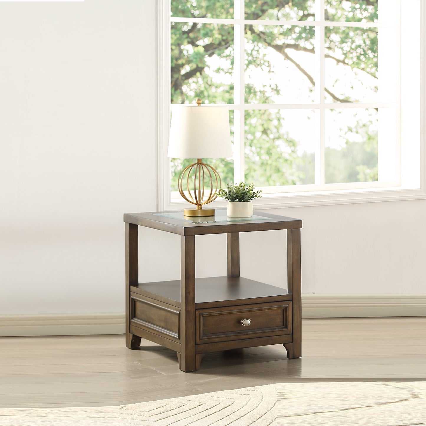 Modern Brown Finish End Table with Drawer Shelf Wooden Living Room Furniture 1pc Side Table Glass inset top