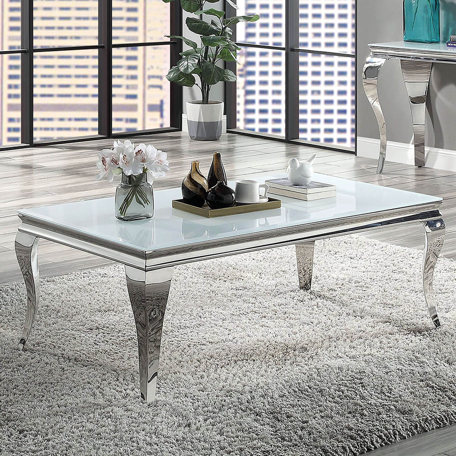 Contemporary White Glass Coffee Table - Silver Stainless Steel Legs