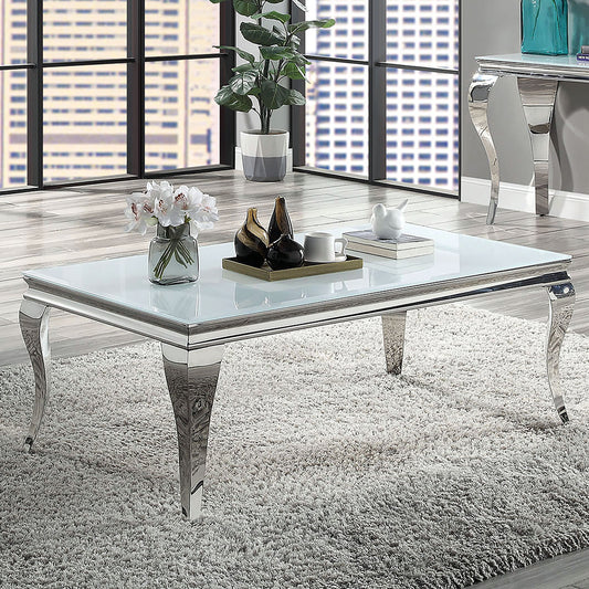 Contemporary White Glass Coffee Table - Silver Stainless Steel Legs
