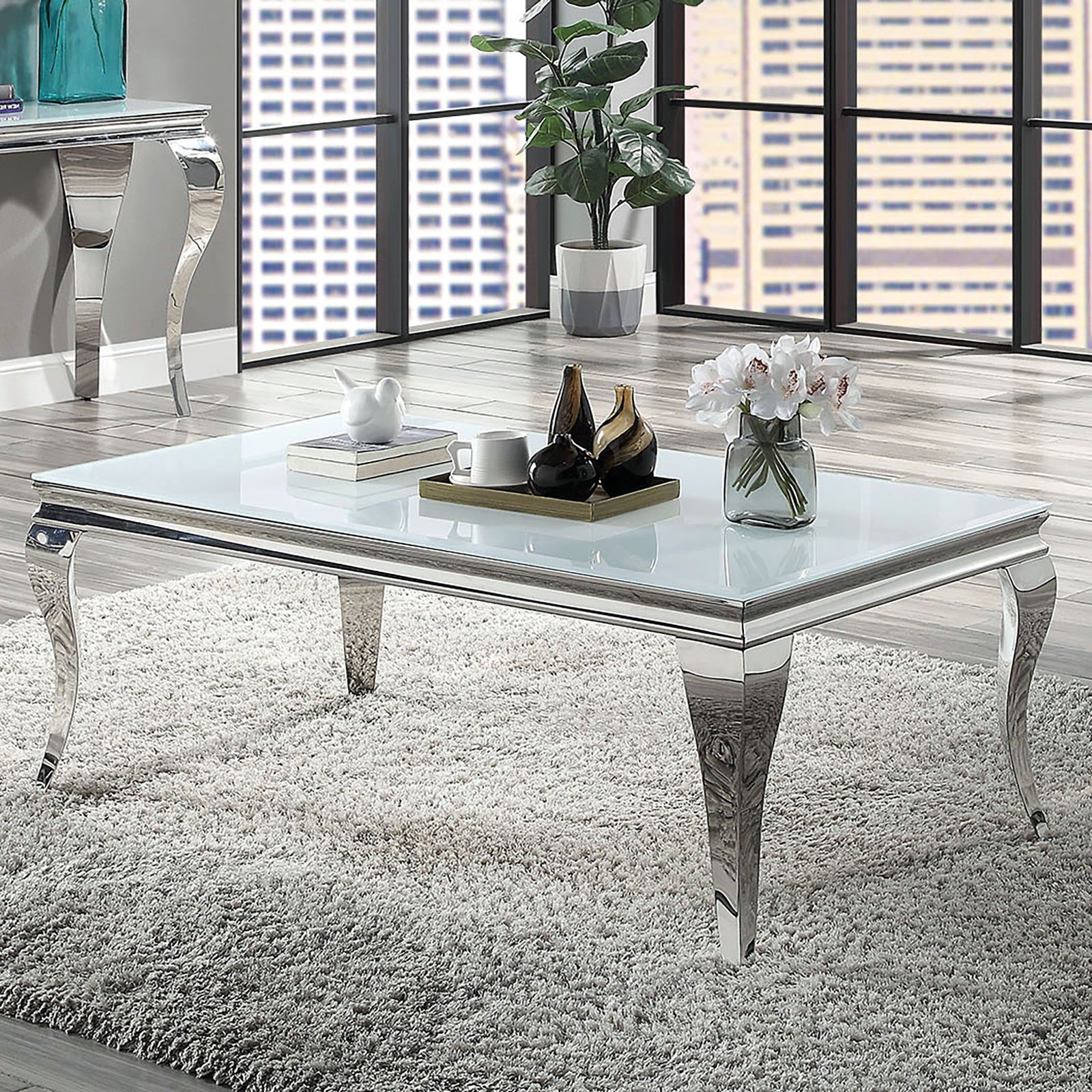 Contemporary White Glass Coffee Table - Silver Stainless Steel Legs