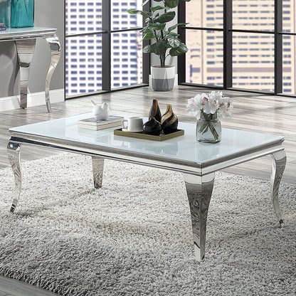 Contemporary White Glass Coffee Table - Silver Stainless Steel Legs