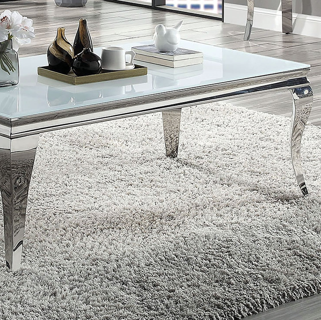 Contemporary White Glass Coffee Table - Silver Stainless Steel Legs