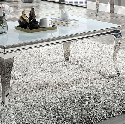 Contemporary White Glass Coffee Table - Silver Stainless Steel Legs