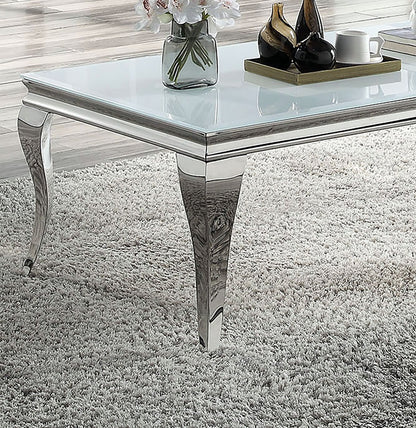 Contemporary White Glass Coffee Table - Silver Stainless Steel Legs