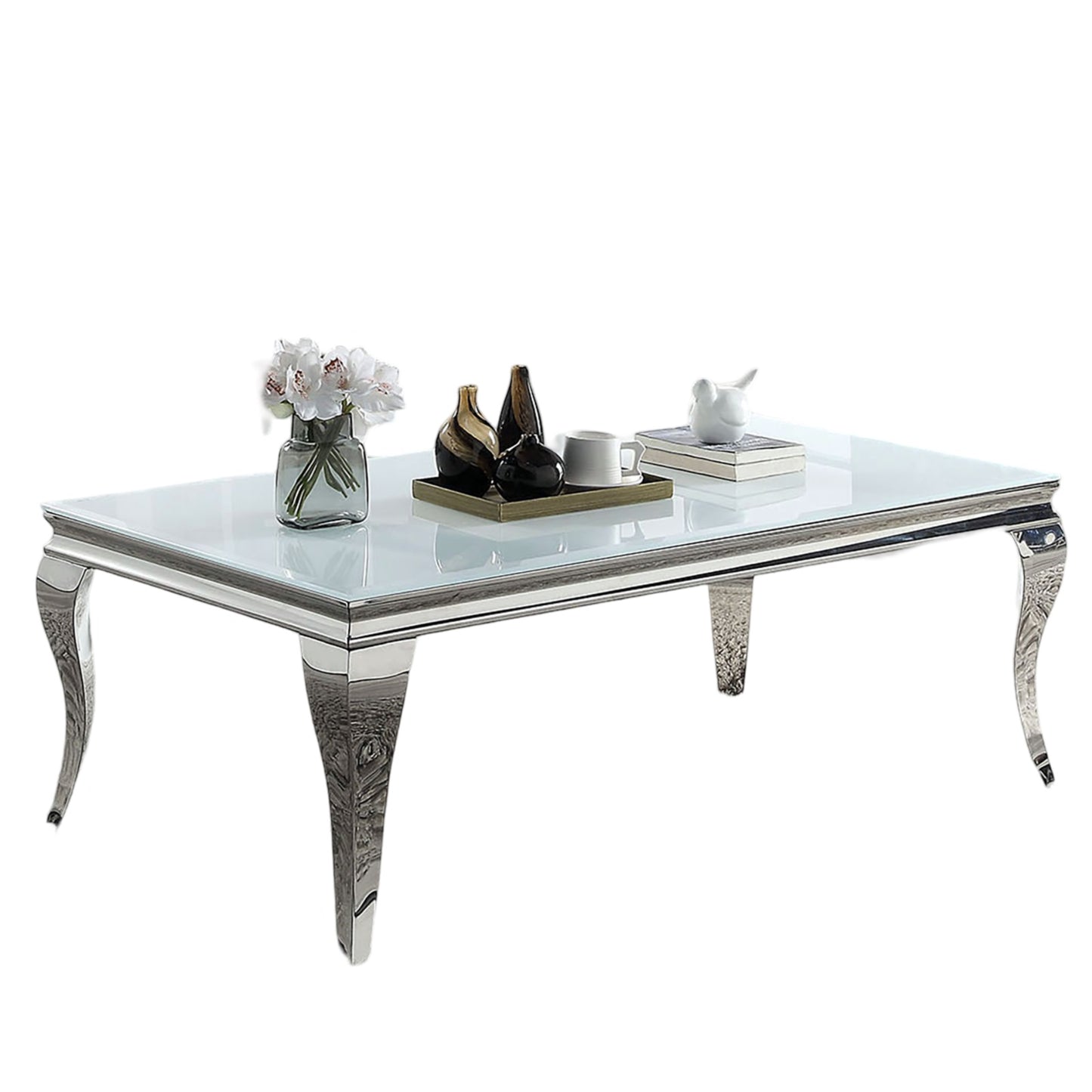 Contemporary White Glass Coffee Table - Silver Stainless Steel Legs