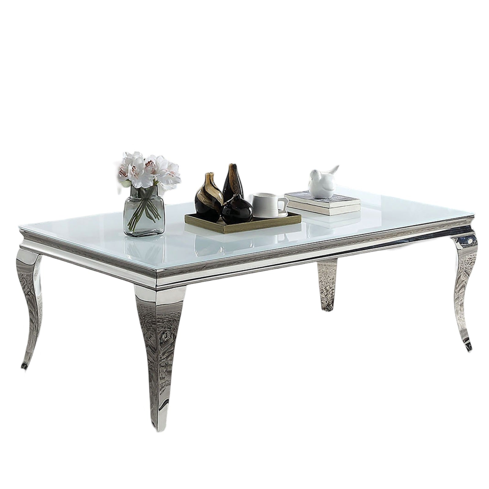 Contemporary White Glass Coffee Table - Silver Stainless Steel Legs