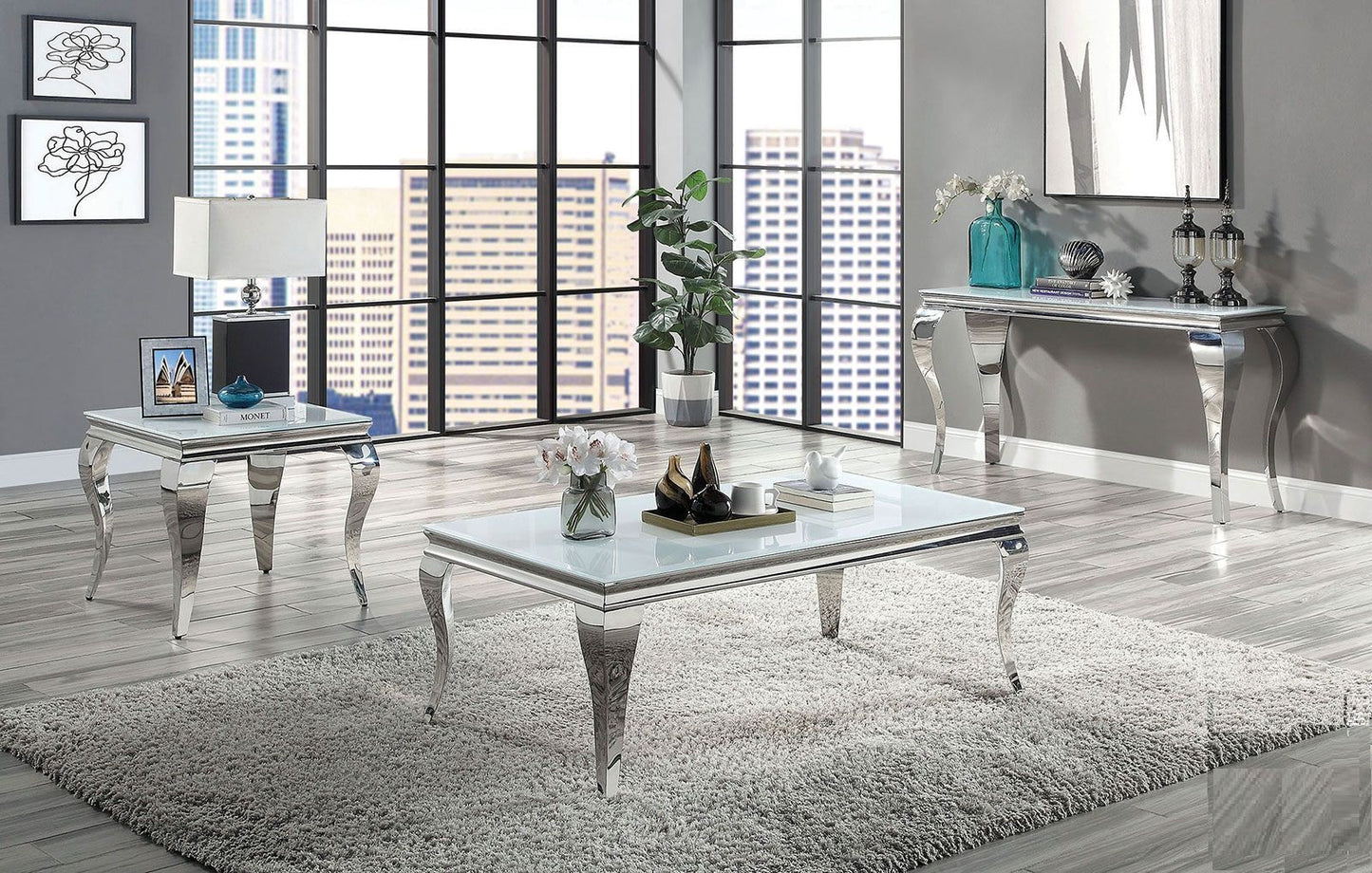 Contemporary White Glass Coffee Table - Silver Stainless Steel Legs