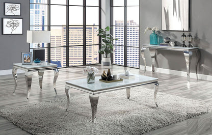 Contemporary White Glass Coffee Table - Silver Stainless Steel Legs