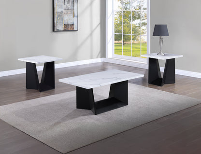 3pc Modern Cocktail Set Coffee Table End Table Luxurious Faux Marble Top Angular Black Base Wooden Living Room Furniture White