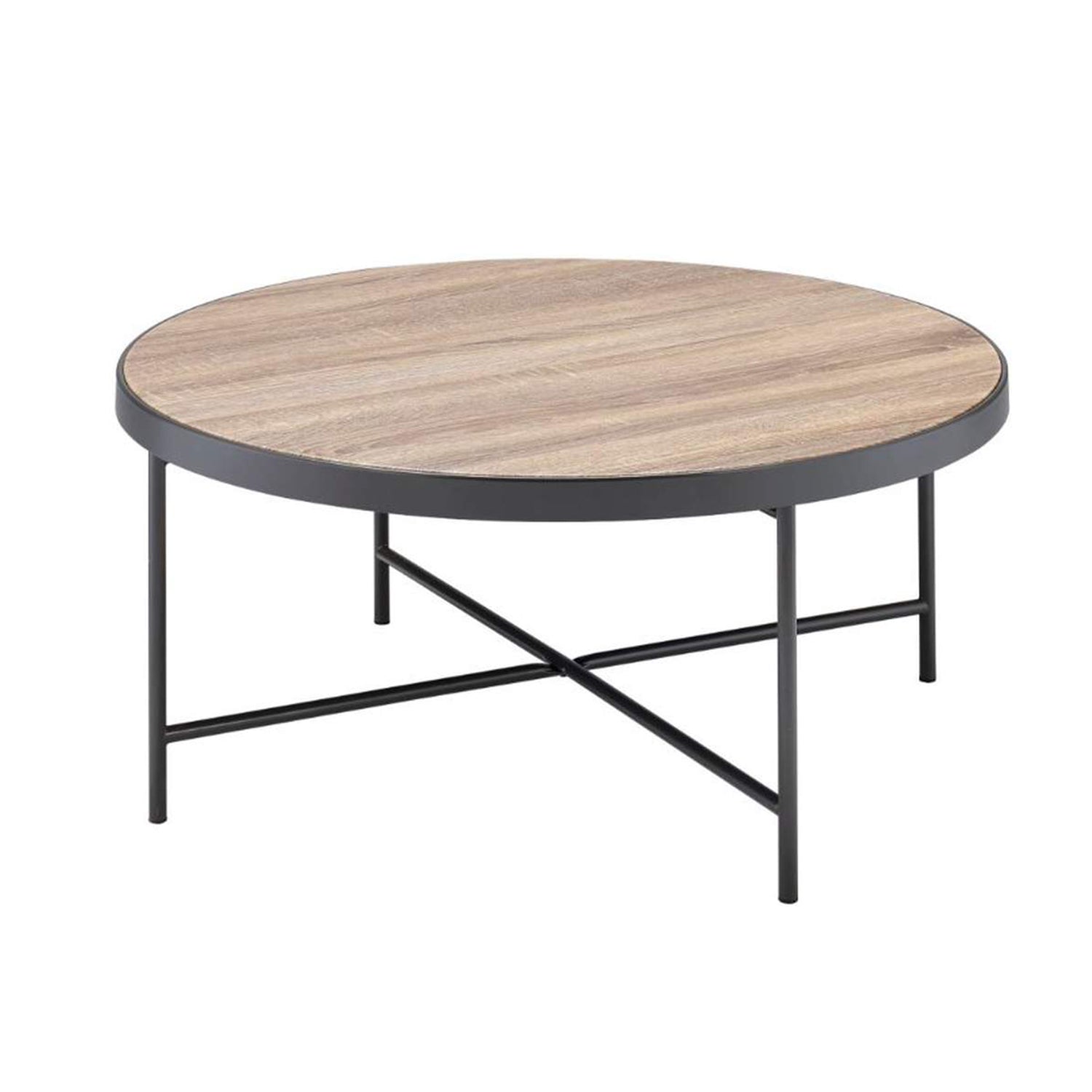 Round Wooden Top Coffee Table with Metal Frame, Weathered Gray Oak