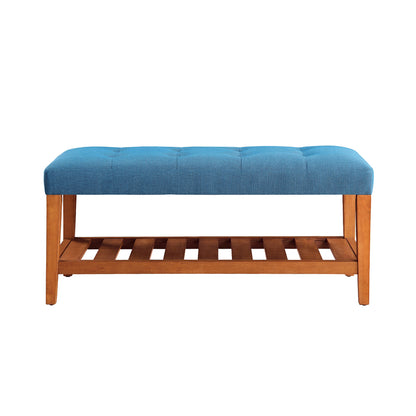 Fabric Upholstered Bench with Open Storage, Blue and Oak