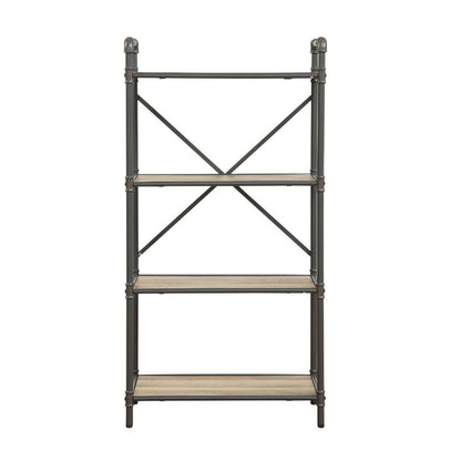 4 Tier Bookshelf with Metal Steel Tube, Antique Oak and Sandy Gray