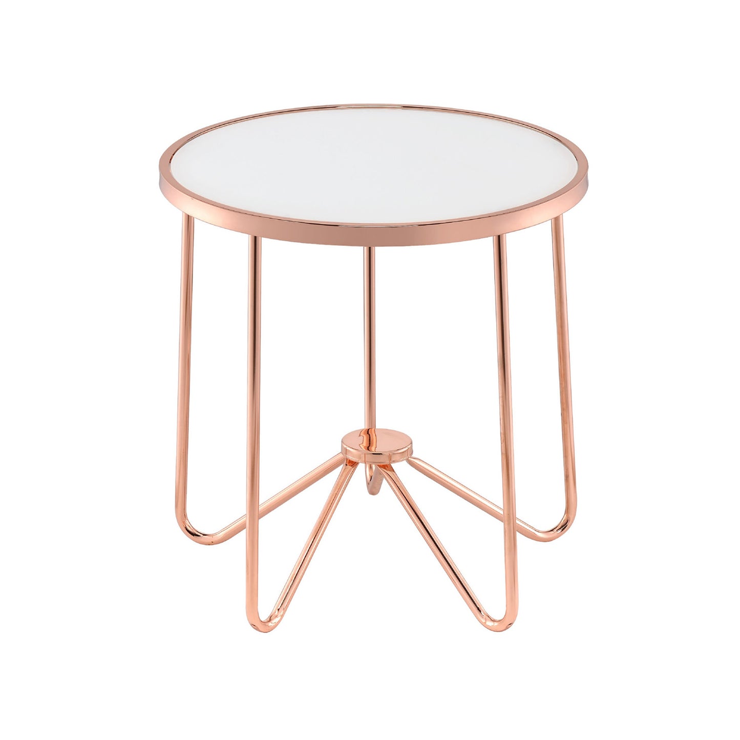 White Frosted Glass Top Round Table in Rose Gold Finish