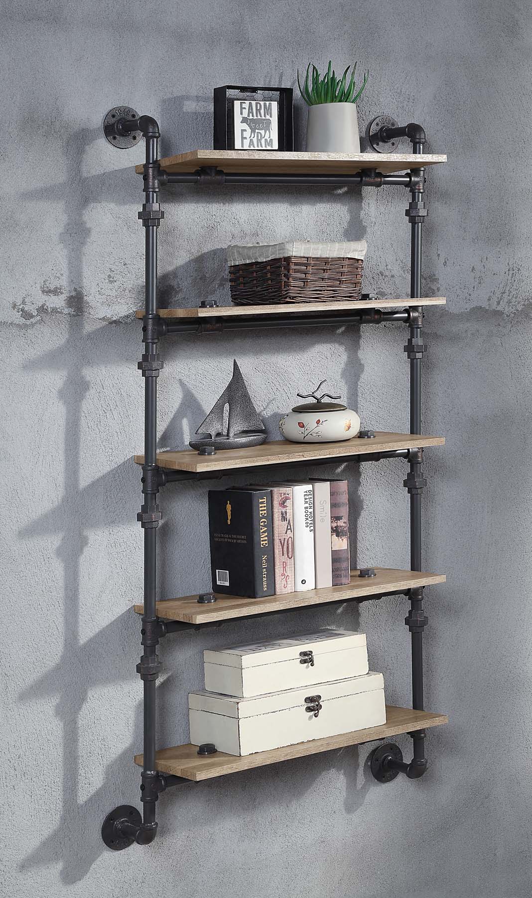 5 Tier Oak Floating Wall Shelves - Metal Frame