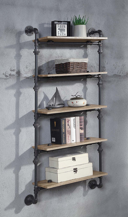 5 Tier Oak Floating Wall Shelves - Metal Frame
