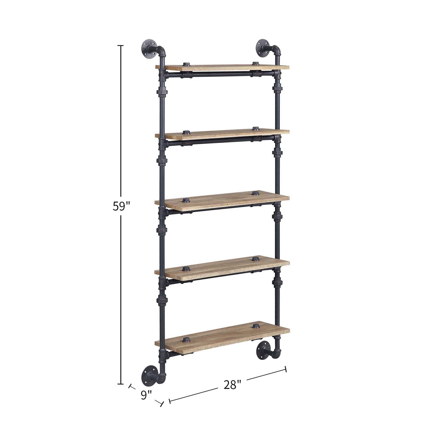 5 Tier Oak Floating Wall Shelves - Metal Frame