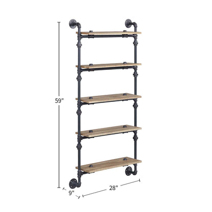 5 Tier Oak Floating Wall Shelves - Metal Frame