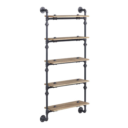 5 Tier Wall Shelf with Metal Tube, Oak and Sandy Black