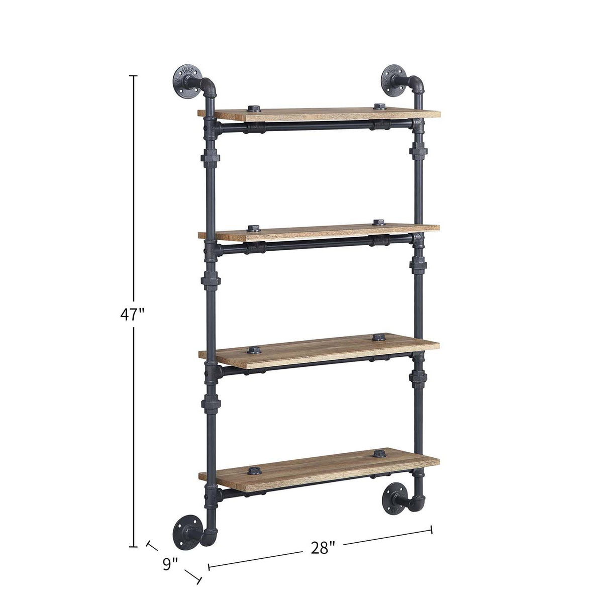 4 Tier Oak Wall Shelf with Metal Frame for Living Room