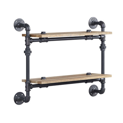 2 Tier Wall Shelf with Metal Tube, Oak and Sandy Black