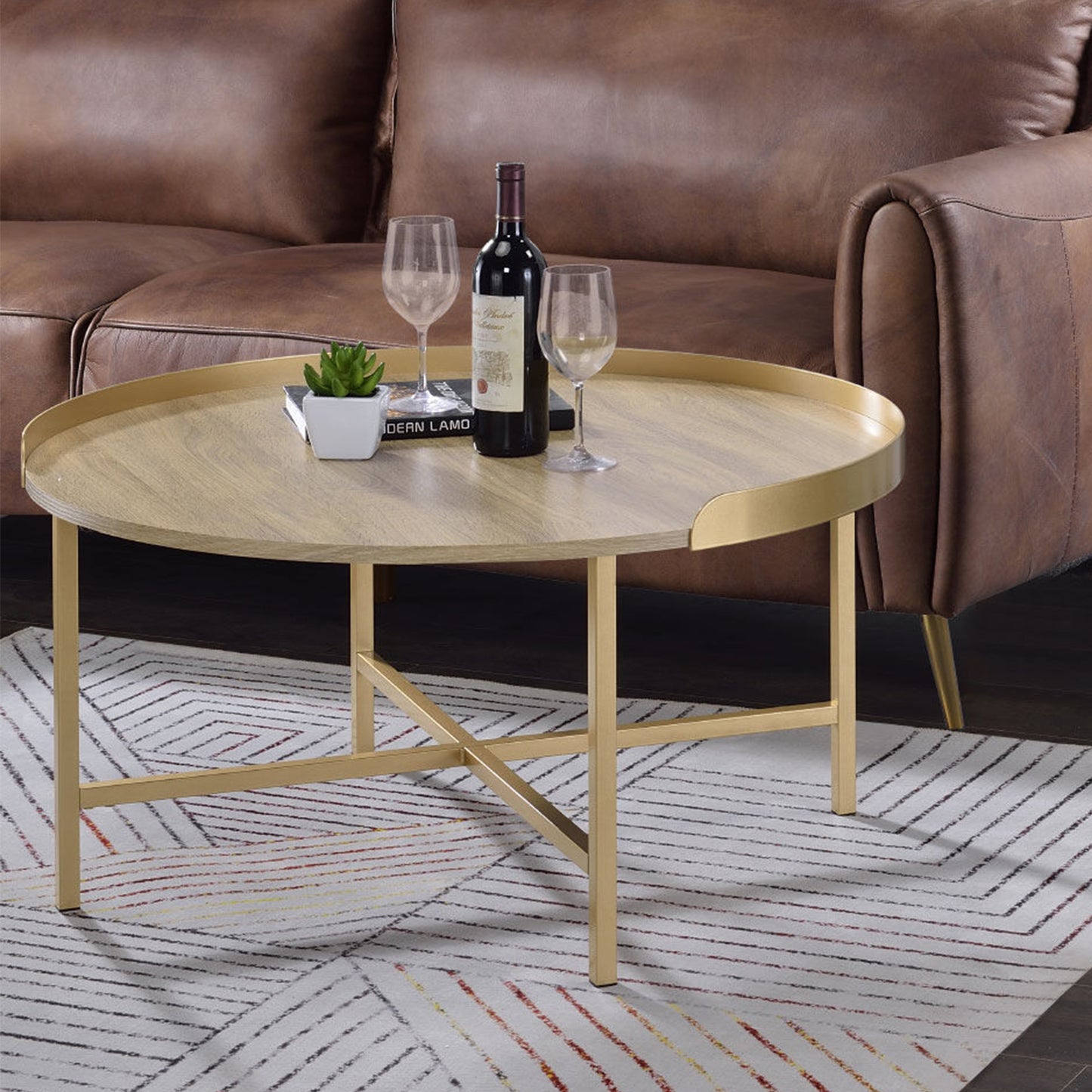 Round Gold Oak Coffee Table - 34 Inch Diameter for Living Room