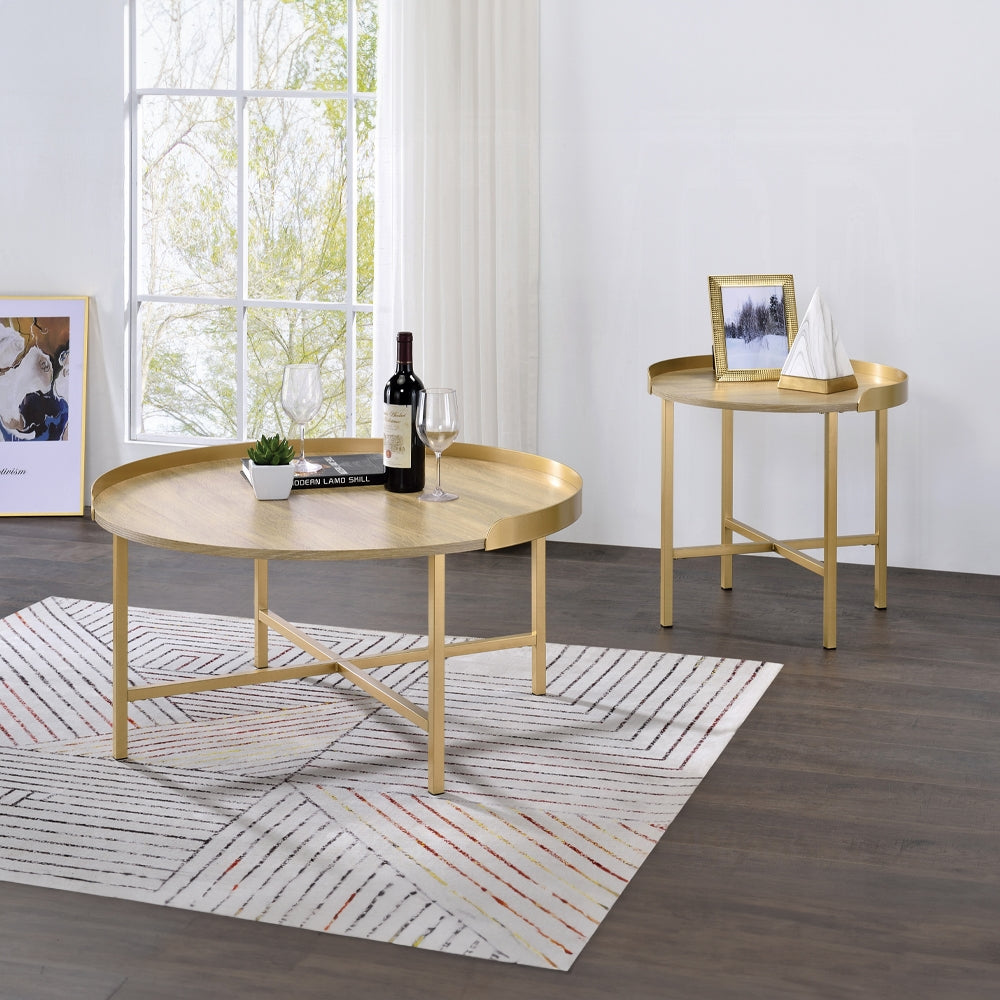 Round Gold Oak Coffee Table - 34 Inch Diameter for Living Room