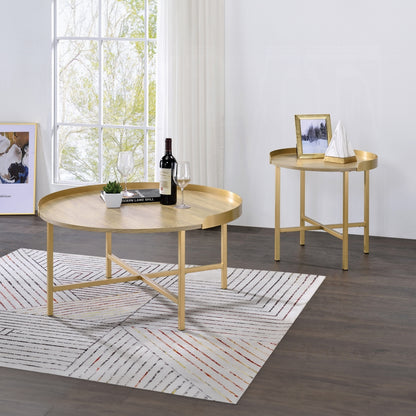 Round Gold Oak Coffee Table - 34 Inch Diameter for Living Room
