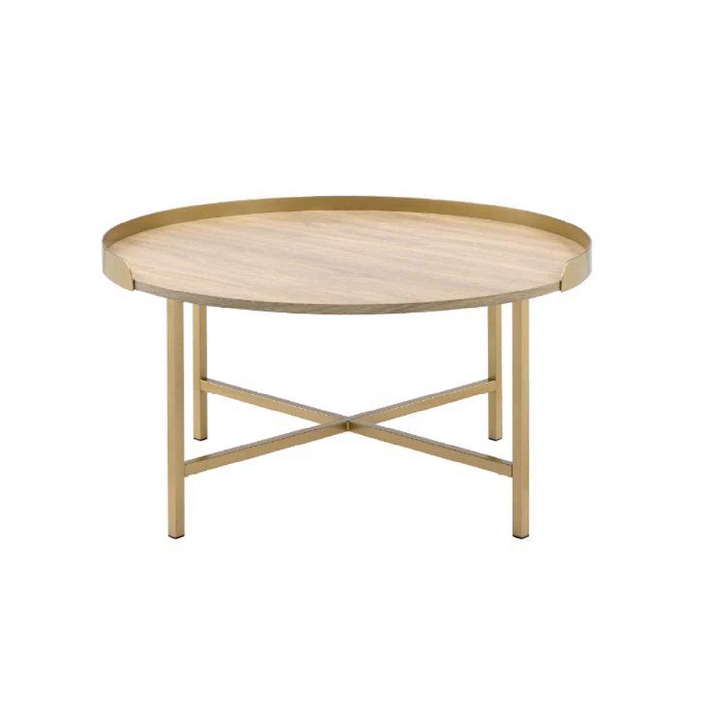 Tray Style Top Round Coffee Table, Oak and Gold