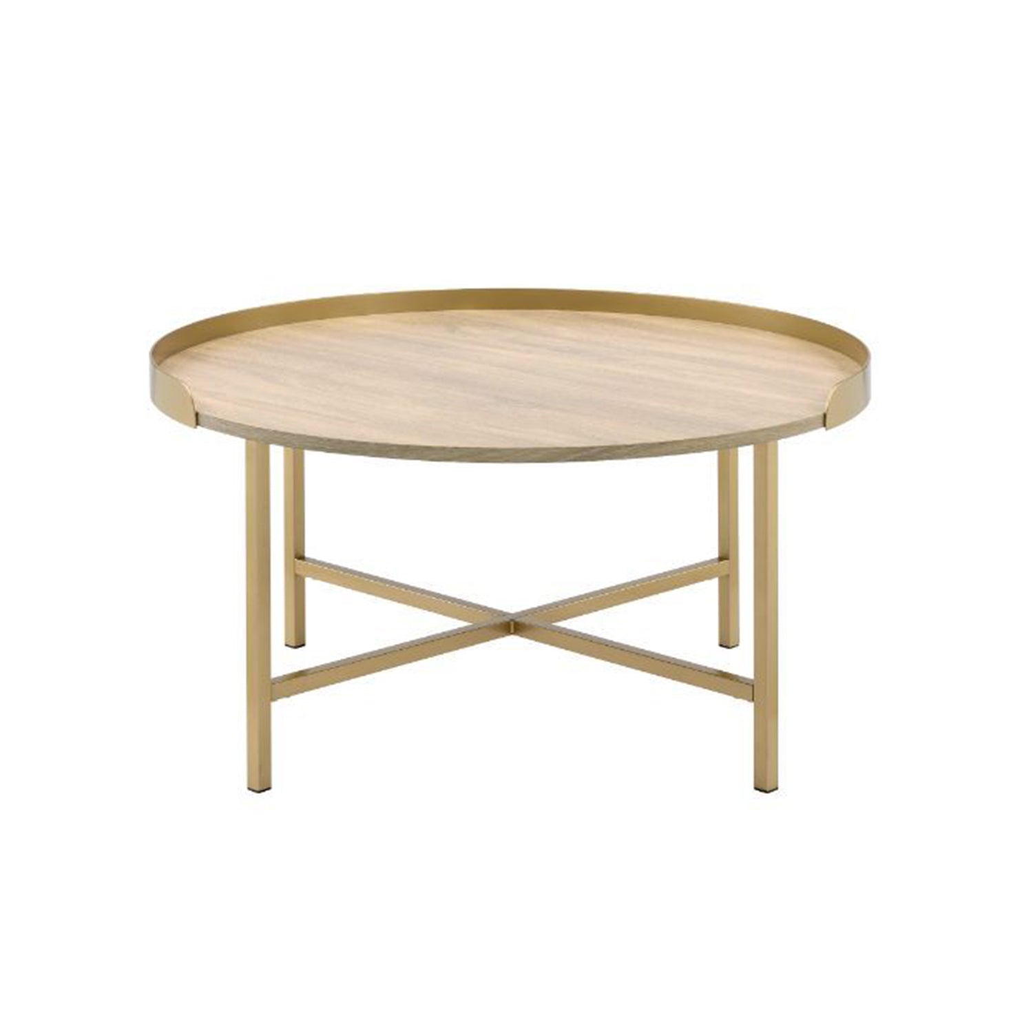 Tray Style Top Round Coffee Table, Oak and Gold