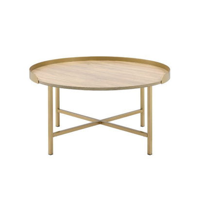 Tray Style Top Round Coffee Table, Oak and Gold
