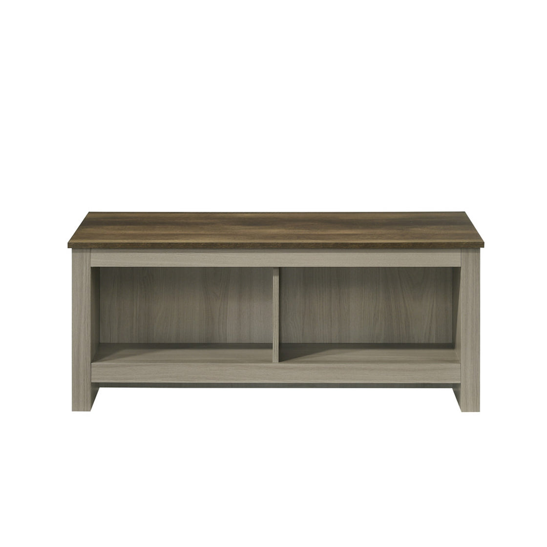 43"W Coffee Table with Open Shelves Front and Back, Gray Oak