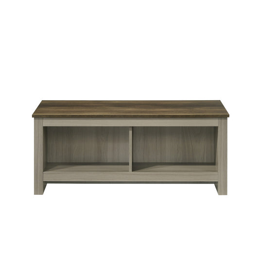 43"W Coffee Table with Open Shelves Front and Back, Gray Oak