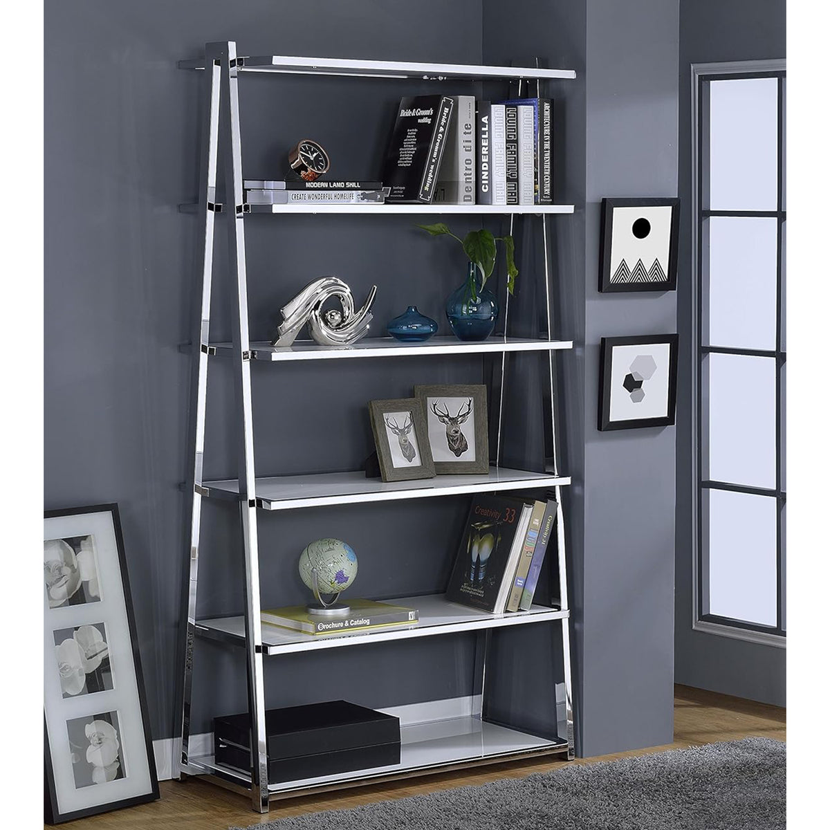 6-Tier White Bookshelf with Chrome Frame - Display Shelving