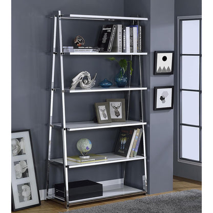 6-Tier White Bookshelf with Chrome Frame - Display Shelving