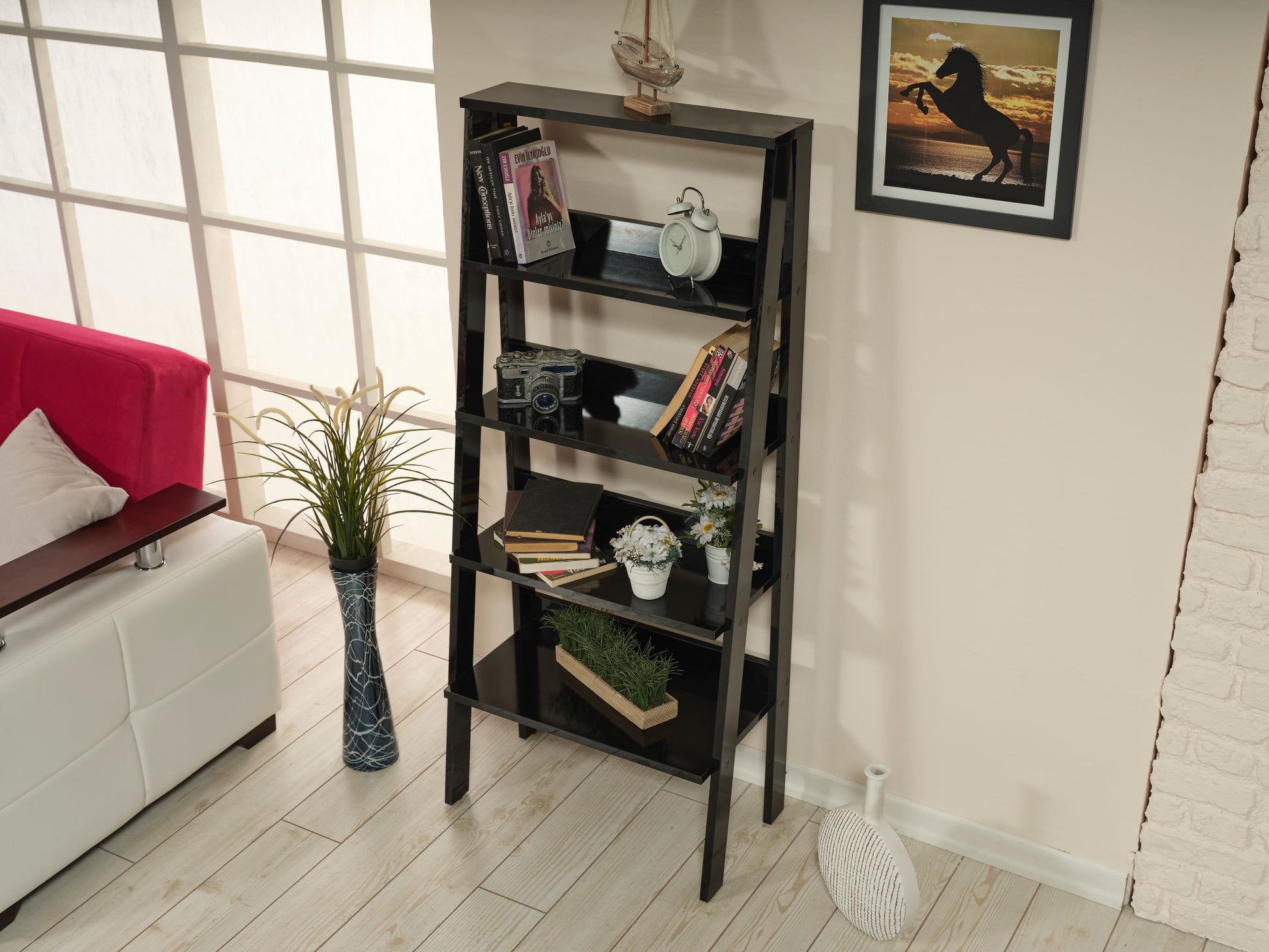Furnish Home Store Otavio 5 Tier Modern Ladder Bookshelf Organizers, Wood Frame Bookshelf for Small Spaces in Your Living Rooms, Office Furniture Bookcase, Black